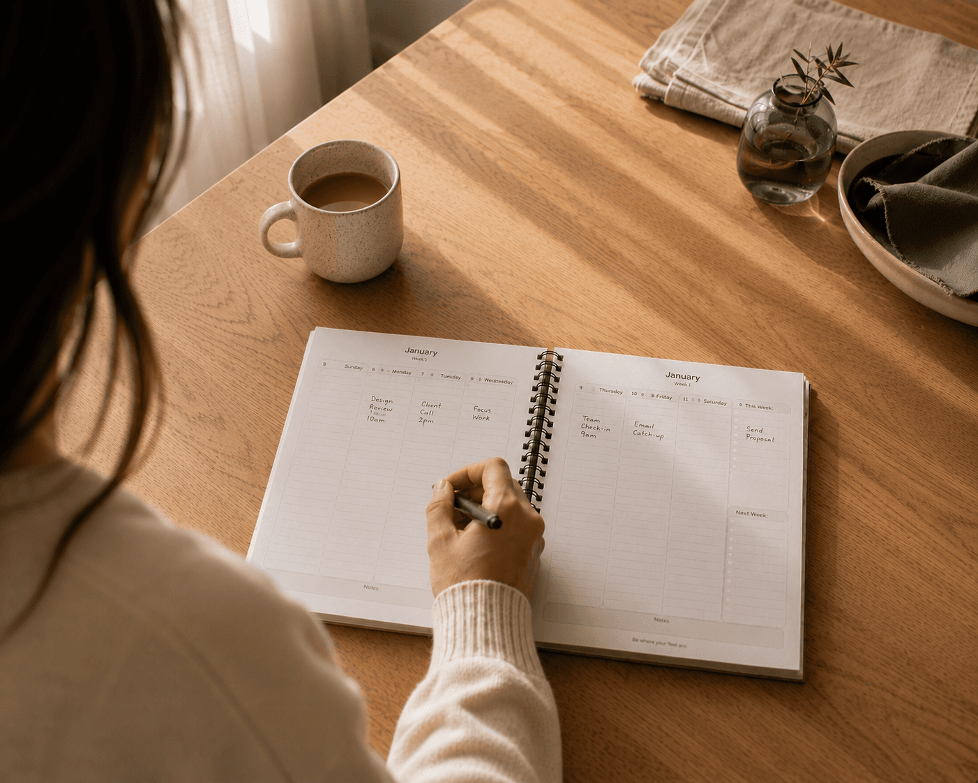 Setting the pen down — a moment of quiet reflection after planning